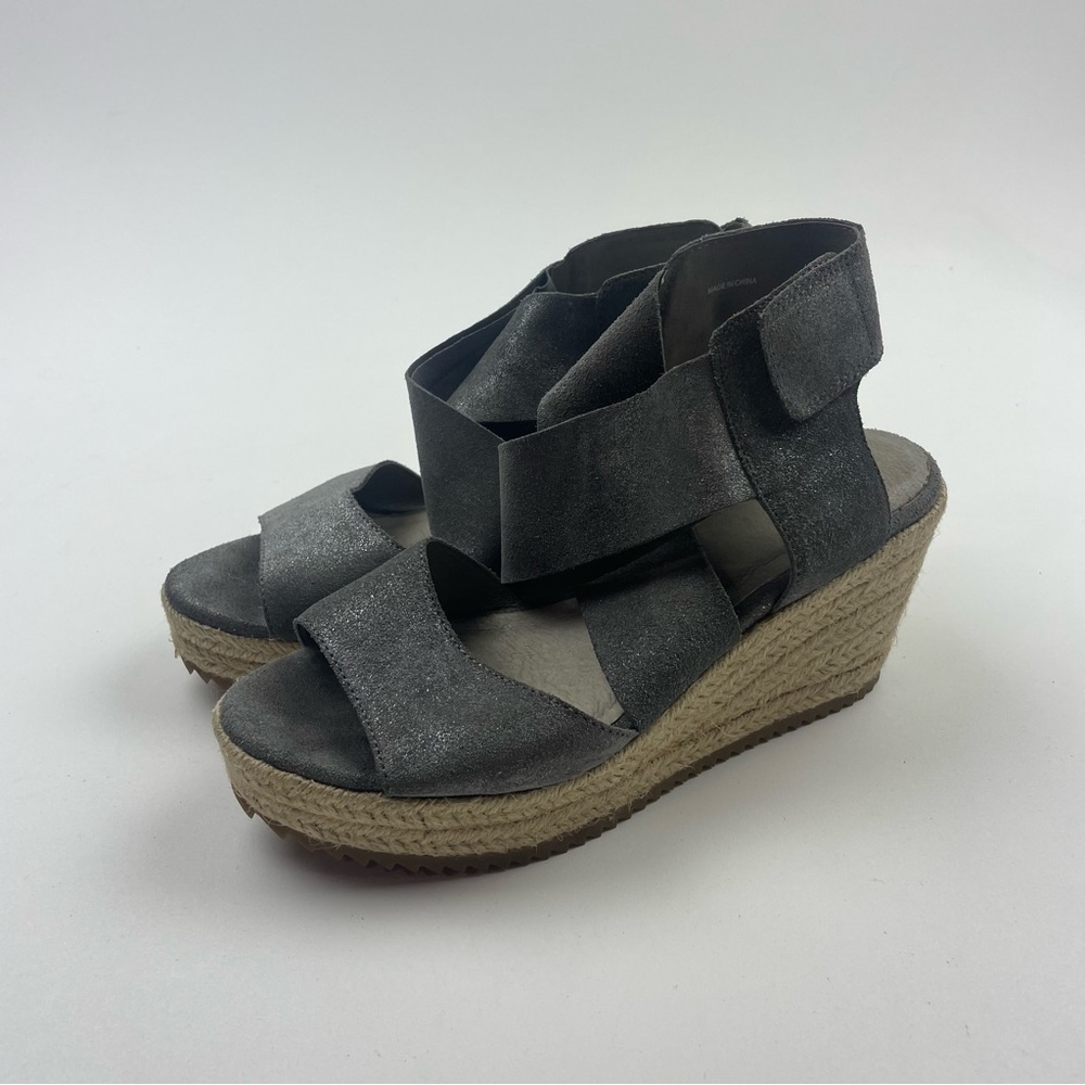 Eileen Fisher Sandals Willow Womens 5.5 Gray Wedge Leather Espadrille Shoes